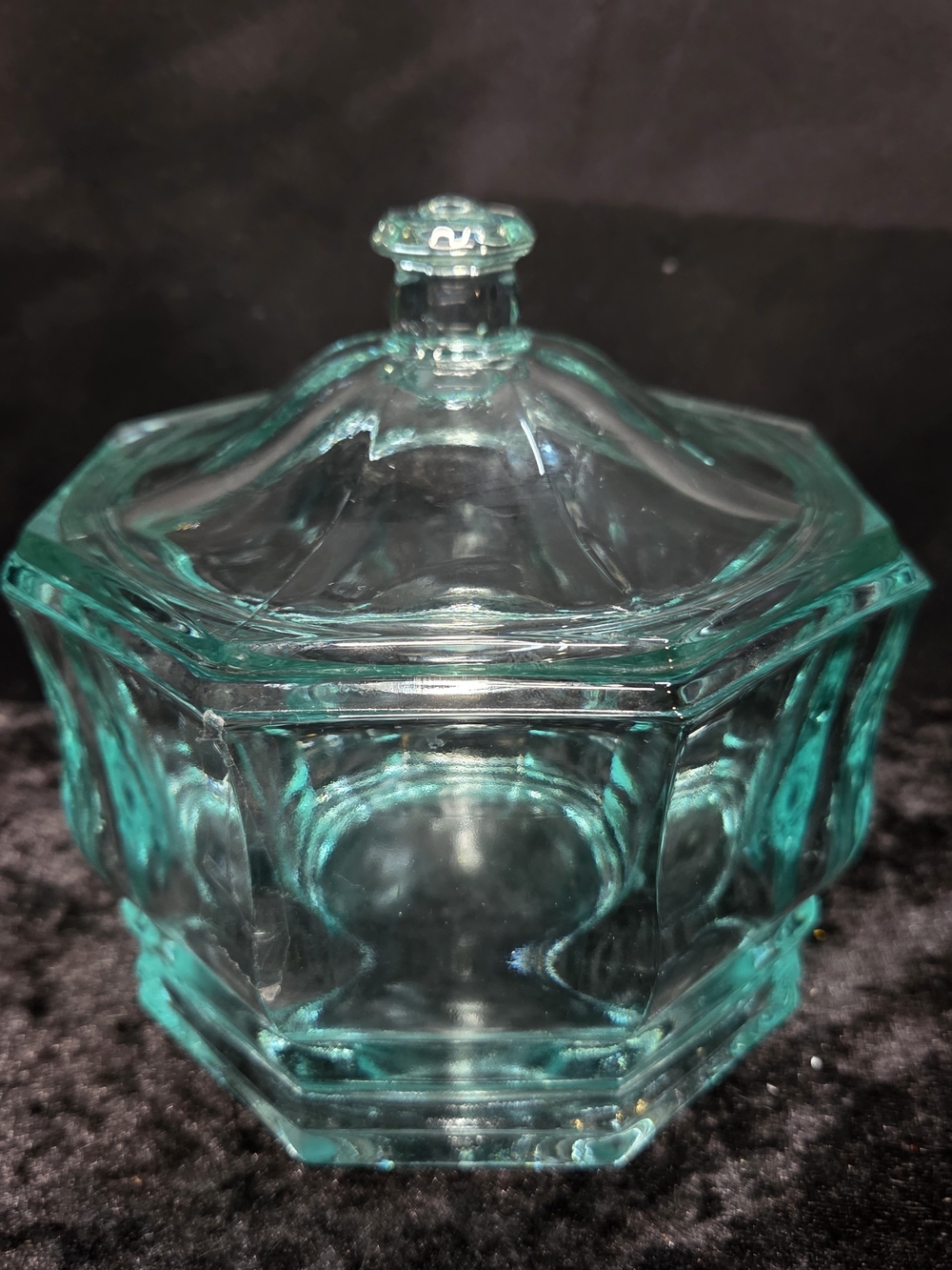Vintage Indiana Glass Octagon Concord Light Aqua Green Candy Dish with Lid